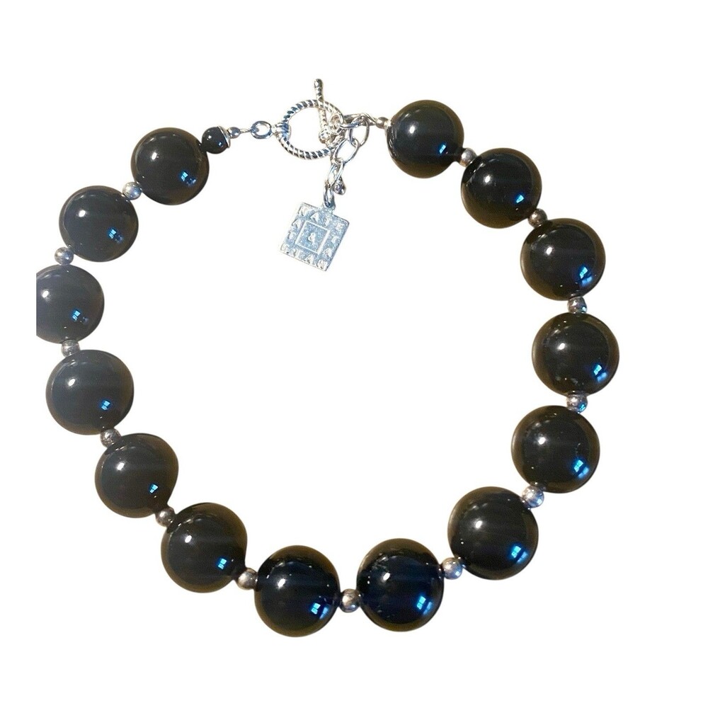 Nate & Etan 925 Sterling Silver Black Glass Bead Bracelet 8" Long w Toggle